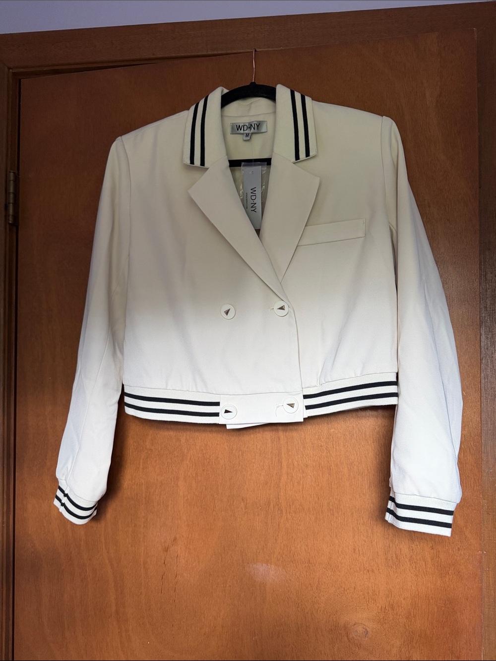 WD.NY Cream Bomber Jacket with Black Stripe Trim
